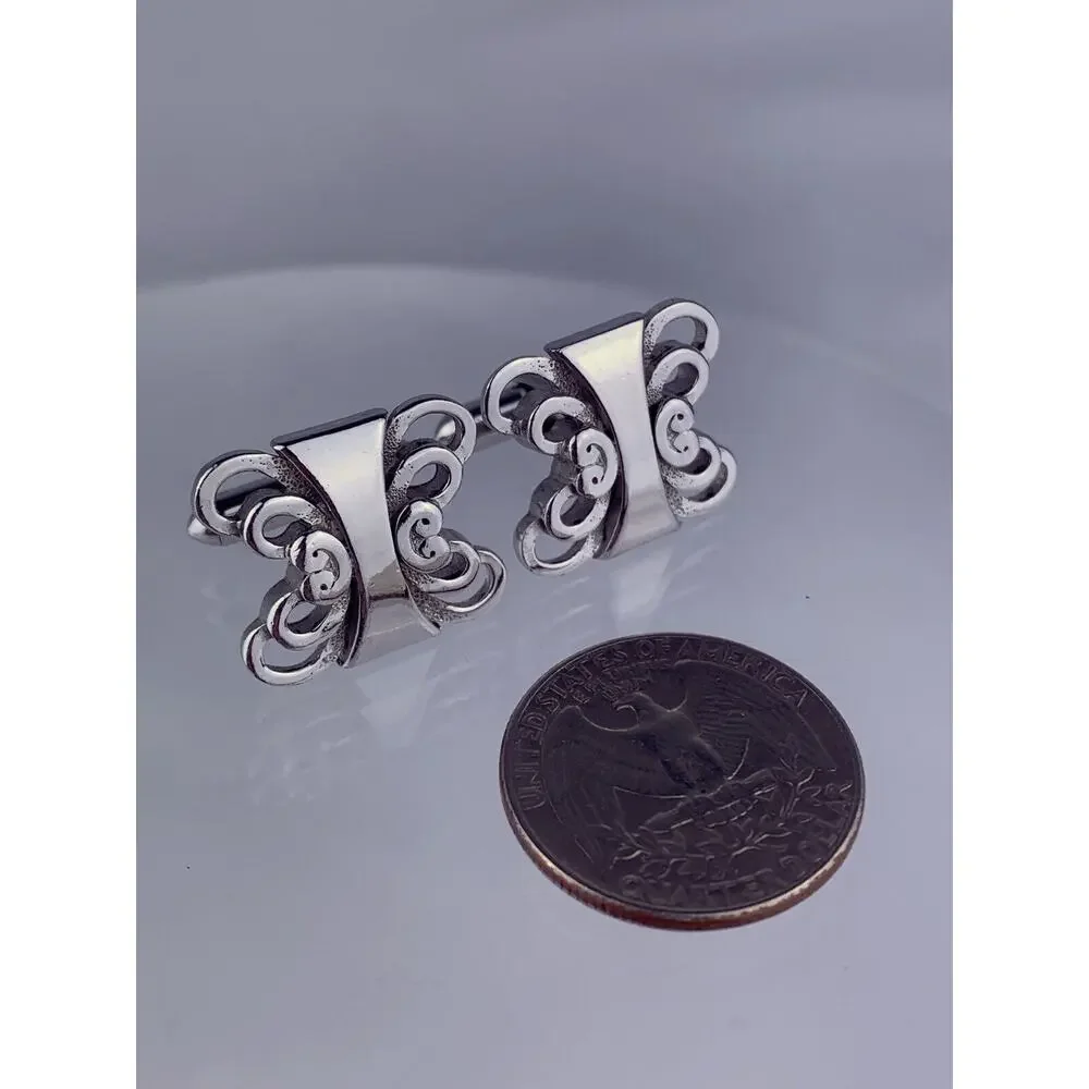 Swoops Scrolls Silver Tone Cufflinks Modern Waves Loops Curls Swank Vintage